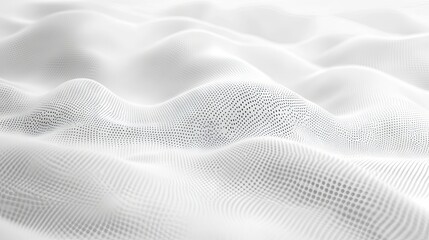 Abstract white futuristic background with wavelike layers of connected dots and lines, minimalist geometric network design