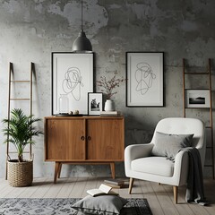 A serene living space, styled with minimalist line art and warm wooden accents, creating a calm and inviting atmosphere against a textured concrete wall.