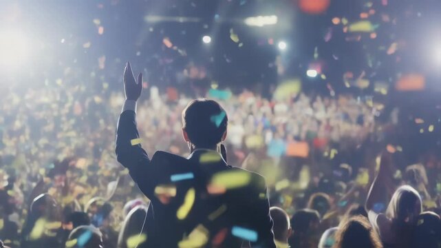 A medium shot captures the moment the politician gestures passionately their face framed by the backdrop of a packed hall filled with diverse supporters. Confetti begins to rain down