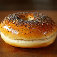 Appetizing poppy seed bagel on a wooden table showcasing its golden crust and delightful texture close up shot