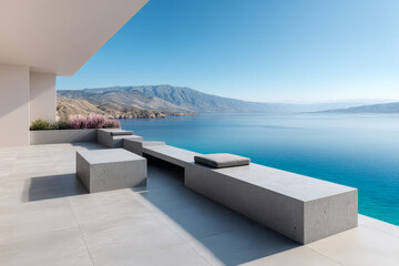 Modern terrace offers stunning view of serene lake and majestic mountains at midday