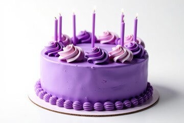 A purple birthday cake with elegant decorations on a white isolated background, colorful, delicious