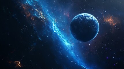 A planet with blue atmosphere in space with a nebula and stars in the background and dark atmosphere