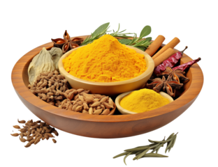Wooden bowl filled with turmeric powder star anise cinnamon sticks and other spices herbs on transparent background