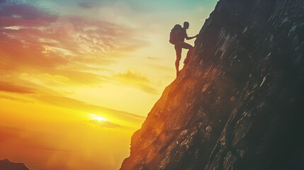 Conquer Your Peak: Motivational Mountain Climber Silhouette at Sunset