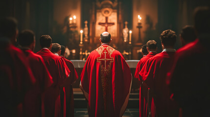 Bishop Leading Catholic Mass in Church Ceremony – Rear View