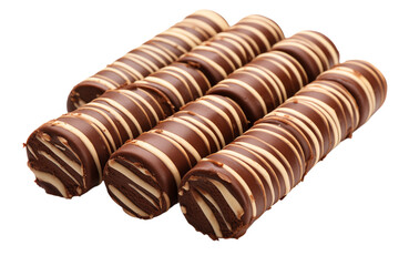 A close up view of four chocolate covered wafers with cream stripes on a on transparent background