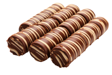 A close up view of four chocolate covered wafers with cream stripes on a on transparent background