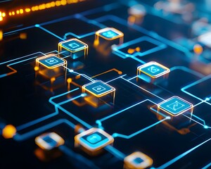 Tokenization process in AI, futuristic digital tokens floating in a glowing cyber environment, data encryption concept, ultra-modern fintech visualization