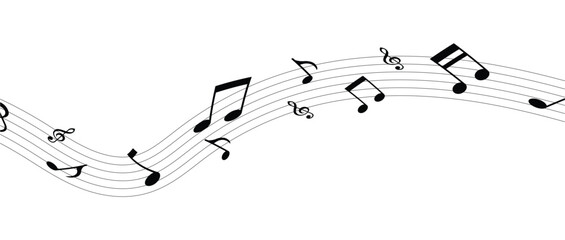 Musical notes wave and stave, treble and bass clef, song or sheet music design, flat vector in eps 10.
