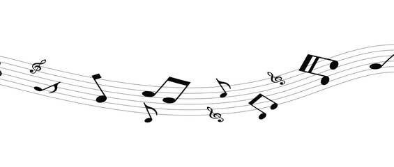Musical notes wave and stave, treble and bass clef, song or sheet music design, flat vector in eps 10.