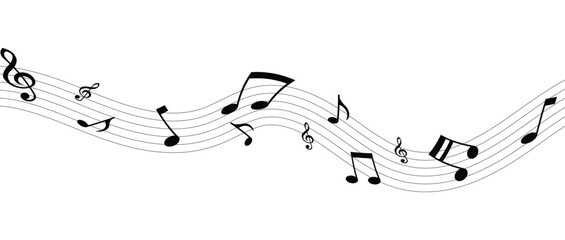 Musical notes wave and stave, treble and bass clef, song or sheet music design, flat vector in eps 10.