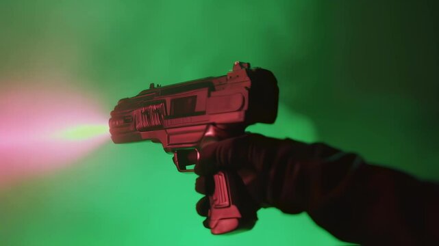 Sci fi gloved hand firing advanced energy weapon, projecting bright pink laser beam against vivid green screen background for visual effects and compositing