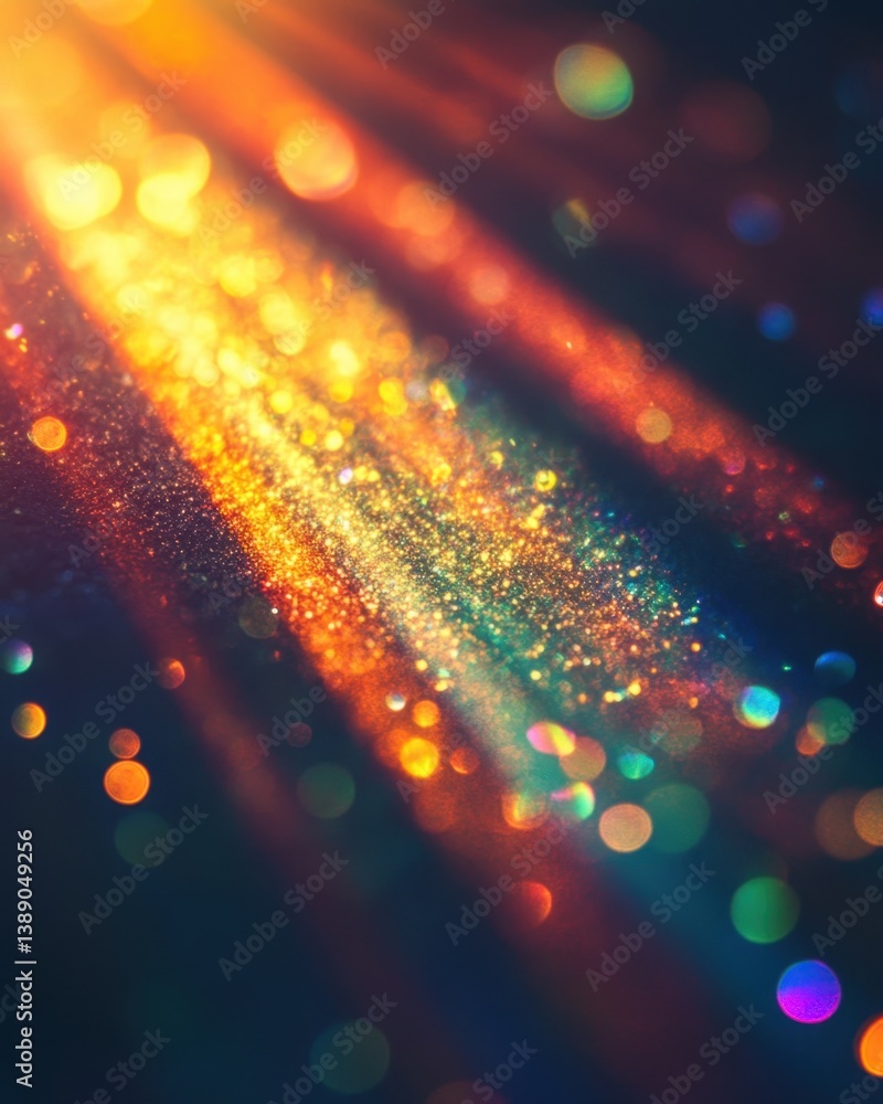 Poster abstract light streaks with bokeh effect and golden glitter particles on a dark background creating 