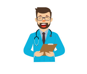 PrintSmiling Male Doctor Holding Clipboard – Flat Vector Illustration
