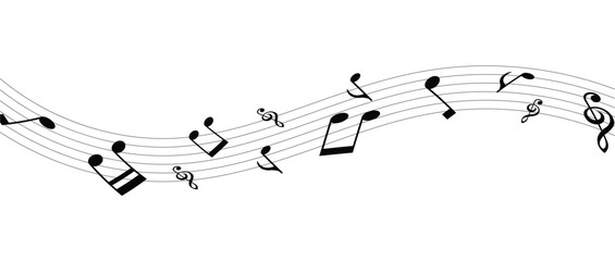 Musical notes wave and stave, treble and bass clef, song or sheet music design, flat vector in eps 10.
