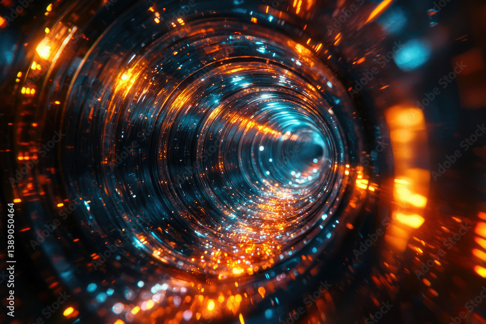 Poster Abstract image of a swirling tunnel with vibrant orange and teal lights, creating a mesmerizing visual effect.
