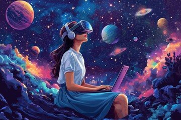 Woman immersed in virtual reality exploring colorful cosmic landscapes