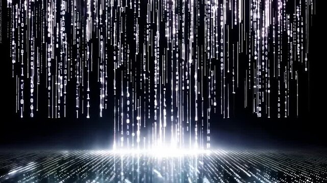 A futuristic video concept with a matrix-style digital rain effect. The camera angle is straight-on, creating a sense of depth and immersion. Live desktop wallpaper.