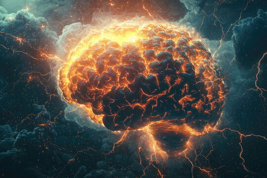 A fiery brain exploding with energy, symbolizing intense thought or mental power.