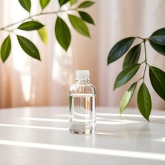 Empty Glass Serum Bottle on White Table with Leaves and Sunlight Background, Isolated for Skincare and Cosmetic Packaging