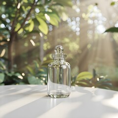 Empty Glass Serum Bottle on White Table with Leaves and Sunlight Background, Isolated for Skincare and Cosmetic Packaging