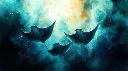 Three manta rays swim gracefully through a vibrant underwater scene filled with swirling blues and hints of light.