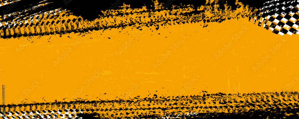 Poster panoramic banner grungy background with abstract tire tracks and chess flags