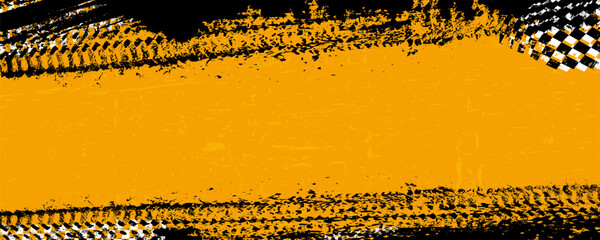 Panoramic banner grungy background with abstract tire tracks and chess flags © Jaroslav Machacek