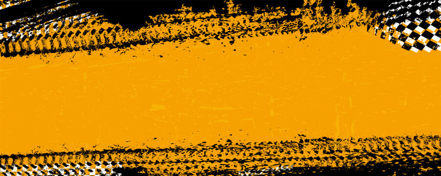 Panoramic banner grungy background with abstract tire tracks and chess flags