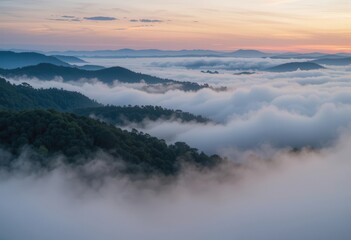 Obraz premium Fog blankets rolling hills at sunrise in a tranquil mountain landscape