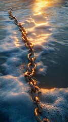 Golden chain on beach at sunset, ocean foam