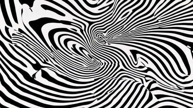 Abstract black and white wavy lines create an optical illusion effect. Top-down angle, suitable for a dynamic video background or graphic design. Live desktop wallpaper.