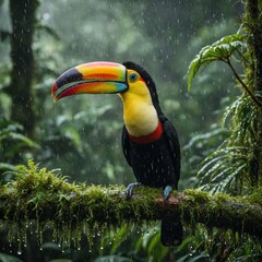 Naklejka premium A toucan sitting on a mossy branch in the rainforest canopy, its oversized beak catching droplets of rain as it calls out across the trees