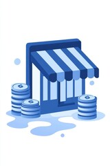 Illustration of a storefront with coin stacks symbolizing financial success