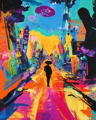 Eye-level perspective of a vibrant pop art scene, depicting climate change through modern literary themes, bold colors and dynamic angles