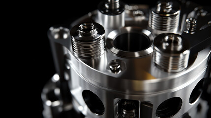 Precision Machined Component: A close-up shot reveals the intricate details of a precisely machined metallic component, showcasing its polished surface, complex geometry.