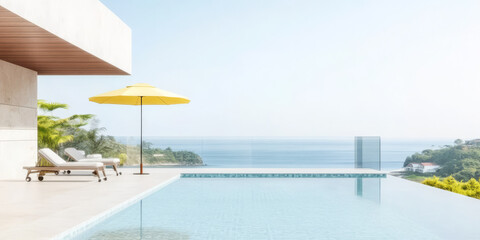 Modern luxury pool overlooking serene ocean landscape on a sunny day