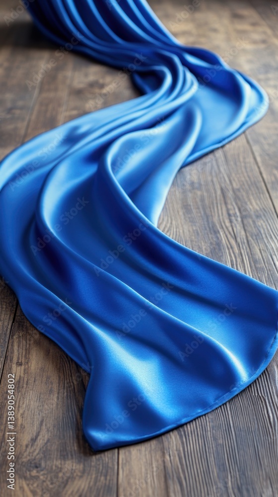 Poster elegant blue silk fabric gracefully draped on rustic wooden surface creating a luxurious and flowing