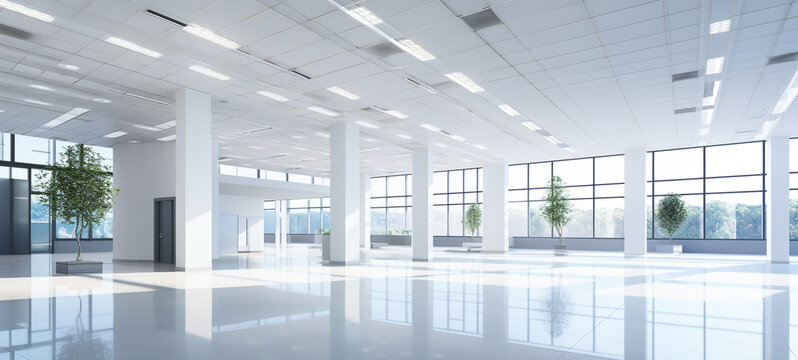 Bright and modern corporate office interior with spacious open workspace large windows and clean minimalist design  Showcasing a professional efficient and collaborative work environment