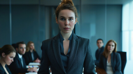 Confident and Authoritative Business Woman in a Corporate Meeting Room Presenting or Leading a Discussion with a Serious and Focused Expression