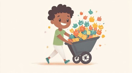 Happy child pushing a wheelbarrow filled with colorful thumb illustrations