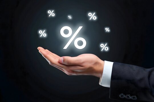 Professional hand with glowing percentage symbols financial illustration. Business statistics concept with suit and dark background. Corporate data visualization with floating percentage signs.