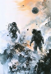 Two Astronauts Exploring Unknown Space Among Abstract Celestial Features