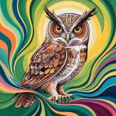 A vibrant and colorful abstract painting of an owl with intricate patterns and a dynamic composition. The digital artwork features bold swirls, rich textures, and a mix of warm and cool tones. 