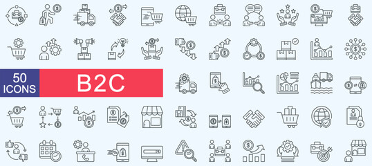 B2C icon set collection. Consist of business model, consumer, distributor, transaction, online retail, ecommerce, engagement, communication, online sales, business. Simple vector line illustration.