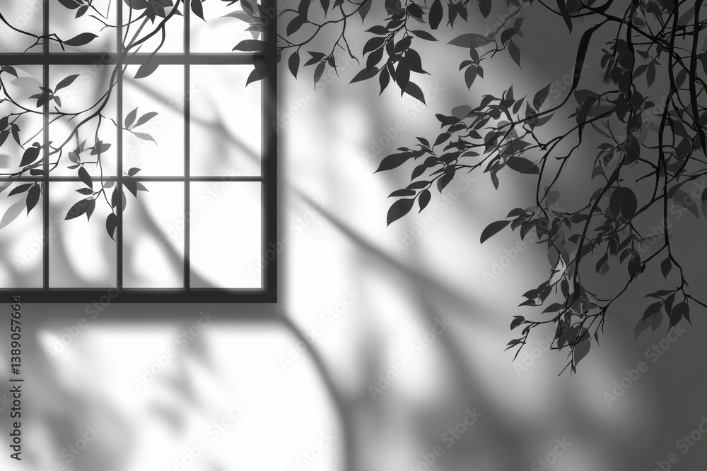 Poster serene monochrome scene of window casting soft shadows with leaves and branches creating a peaceful 