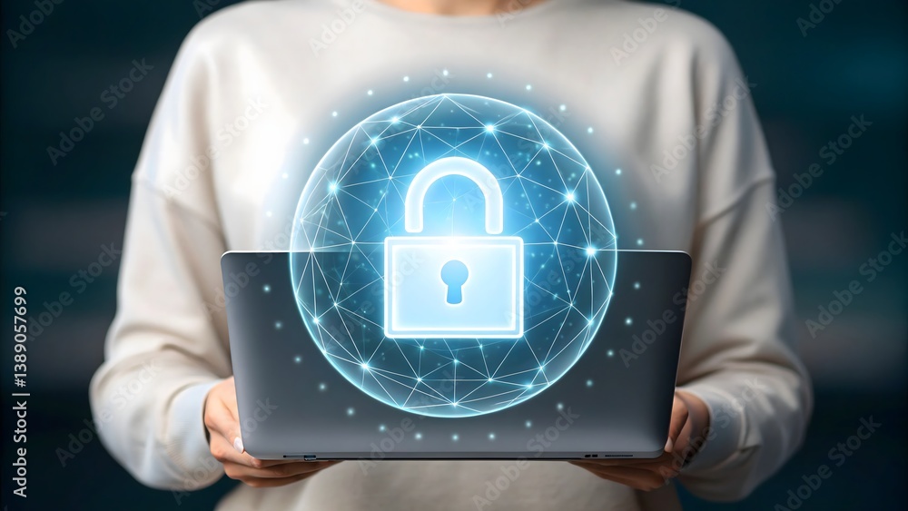 Poster futuristic data security with holographic lock. person using laptop with glowing security sphere. mo