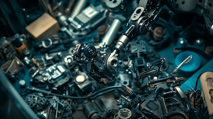 Fototapeta premium A mechanical arm in a precision robotics workshop, surrounded by fine-tuned machines, advanced tools