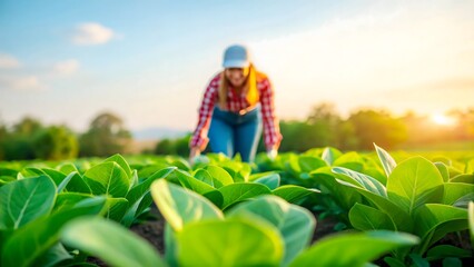 Farmer working in lush green field at sunset. Agricultural scene with vibrant crop leaves. Serene farming environment with warm sunlight.
